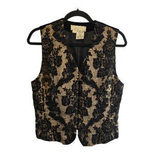 LIZ CLAIBORNE STUDIO BROCADE VEST BLACK GOLD FLORAL SIZE MEDIUM VELOUR BACK